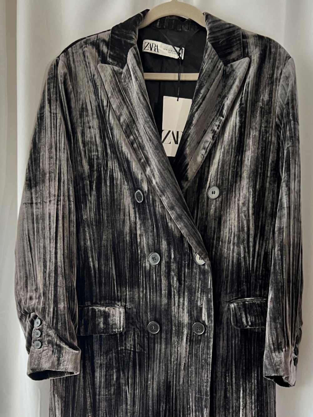 ZARA NWT Textured Velvet Effect Long Coat Black Gray Double Breasted Size M